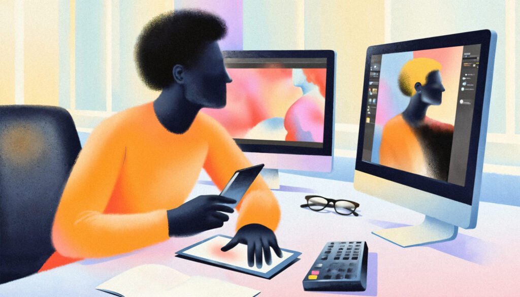 Designer trabalhando em animação 2D em tela gráfica digital