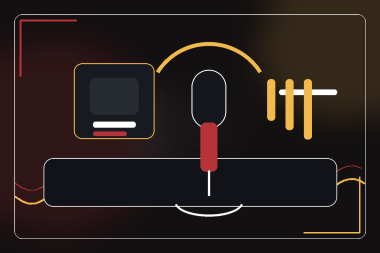 Ilustração editorial sobre início de podcast profissional com estrutura de gravação